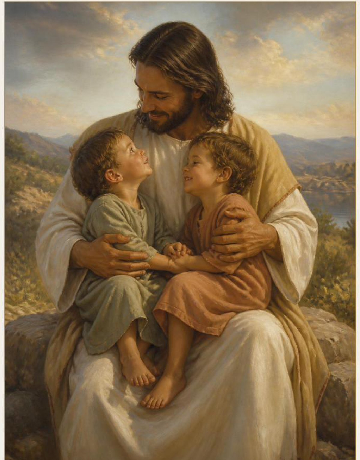 Detail from the cover painting: Christ holding two children on a hillside.